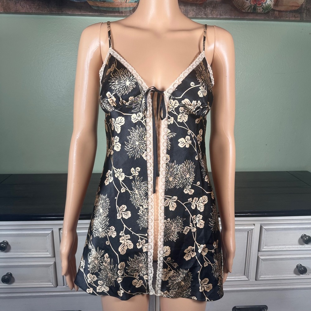 Victoria's Secret Black Floral Satin Lace Trim Chemise Slip Lingerie